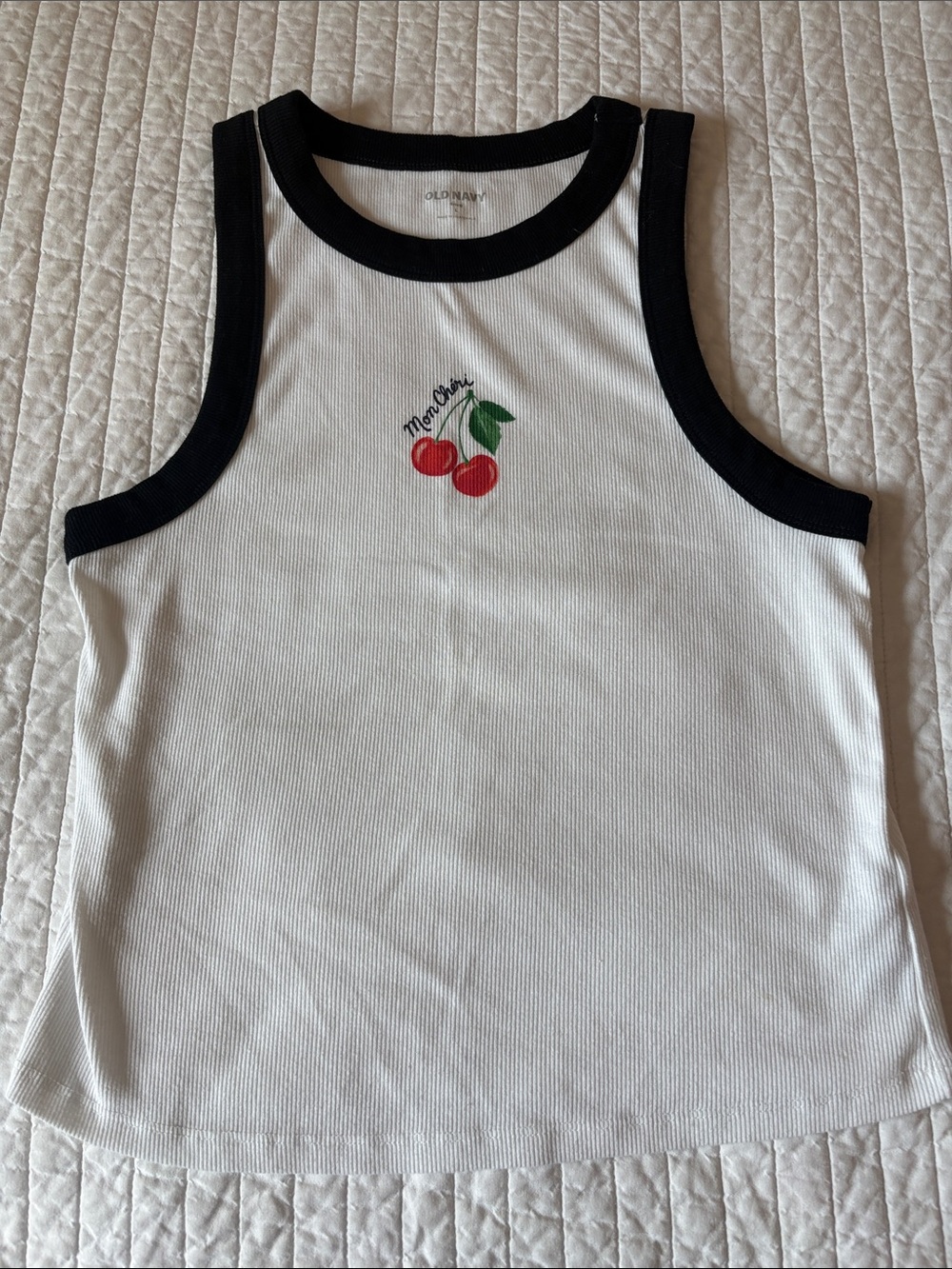 Old Navy White Tank Top with Black Trim and Cherry Graphic -